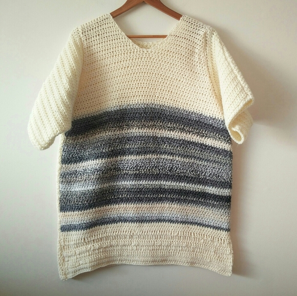 Hand Knit Short Sleeve Cream & Grey Blue Stripped Tunic Sweater - Picture 10 of 13